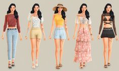 four different types of women in clothes and hats, all wearing high waisted shorts