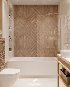 a bathroom with a toilet, sink and bathtub next to a wooden paneled wall