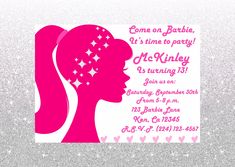 a pink and white birthday party card with a silhouette of a woman's head