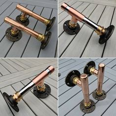 four different views of the same metal handle on an outdoor decking area with wood planks