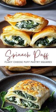 spinach puffs are stuffed with cheese and spinach leaves in the middle, on a plate