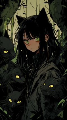 a girl with green eyes surrounded by black cats in the woods, staring into the distance