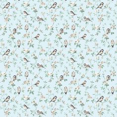 a blue wallpaper with birds and flowers on it