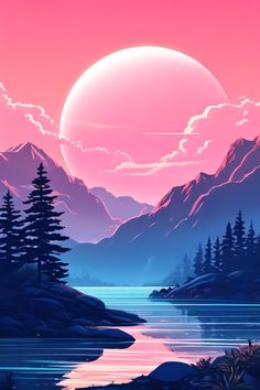 the sun is setting over some mountains and water with pine trees in front of it