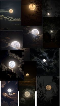 many different images of the moon and clouds