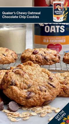 oatmeal chocolate chip cookies cooling on a rack next to a glass of milk