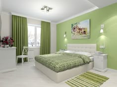 a bedroom with green walls and white furniture in the room is furnished with modern furnishings