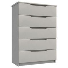 a white dresser with five drawers on the top and bottom drawer, in front of a white background