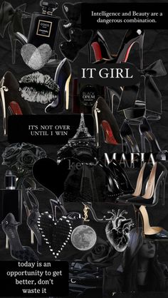 a collage of black and white shoes with the words it girl written on them