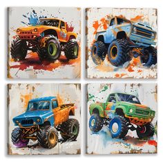 four colorful monster trucks painted on canvases in different colors and sizes, each with an interesting design