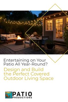 an outdoor living space with string lights and patio furniture