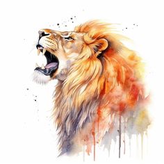 a watercolor painting of a lion with its mouth open