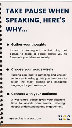 a notepad with the words, take pause when speaking, here's why