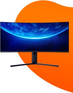 a computer monitor with an orange background