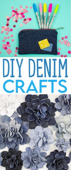 an easy diy denim craft project with flowers on it and the words, diy denim crafts