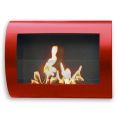 a red wall mounted fire place with flames in the front and side panels on both sides