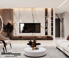 a modern living room with marble walls and flooring, white sofas and coffee table