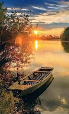 a boat sitting on top of a river next to a lush green forest under a cloudy sky