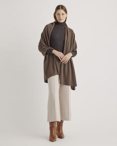 Easy elegance in any season. Instantly elevate an outfit in this timeless 100% Mongolian cashmere wrap. Perfect whether you’re bundled up in a chilly office or napping on a long flight. This cashmere wrap shawl wlll keep you cozy.  | Quince | Women's Mongolian Cashmere Wrap in Brown Cashmere Wrap Shawl, Long Flight, Cashmere Outfits, Cashmere Sweater Women, Cashmere Wrap, Cashmere Shawl, Oversized Scarf, Wrap Shawl, Womens Cashmere