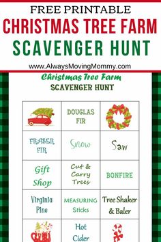 a christmas tree farm scavenger hunt is shown in green and red with the words,