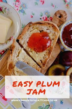 an image of bread with jam on it and other food items around the place setting