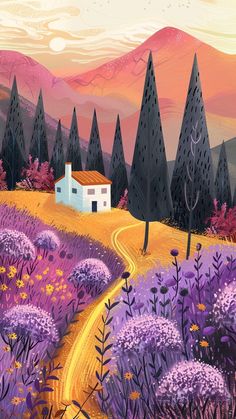 a painting of a house in the middle of a lavender field with trees and bushes