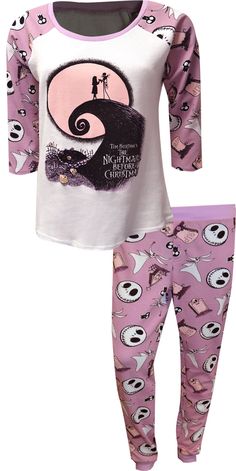 Perfect for lounging around watching this classic movie. These Junior Cut pajamas for women feature the iconic scene of Jack Skellington and Sally in the moonlight. The fabric is a waffle knit and the sleeves are 3/4 length. Matching bottoms are a jogger style. Junior cut, 60% Cotton, 40% Polyester. Nightmare Before Christmas Pajamas, Matching Nightmare Before Christmaspj Pants, Jack Skellington Christmas Pajamas, Jack Skellington Clothes, Jack Skellington Pajamas, Stitch Pajamas, Nightmare Before Christmas Gifts, Nightmare Before Christmas Merchandise, Lounge Pants Womens