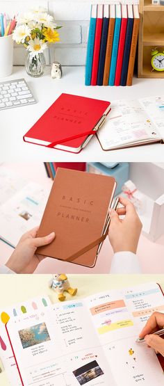 two photos showing the inside pages of a planner book, and an open notebook on a desk