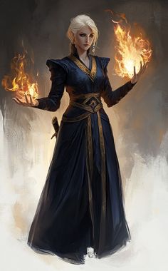 a woman in a blue dress holding fire