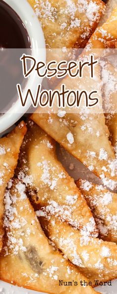 dessert wontons with chocolate sauce and powdered sugar on the top, served in a white plate