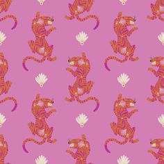 a pink background with an orange and white tiger on it's back, surrounded by shells