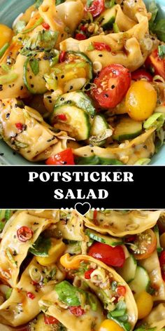 two pictures with different types of pasta and vegetables in them, one has the words pottsticker salad on it