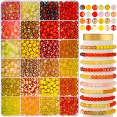 many different colors of beads are arranged in this collage, including yellow, orange and red