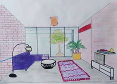 a drawing of a living room with pink walls and purple rugs on the floor