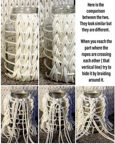 there are four pictures of rope wrapped in mason jars with instructions on how to tie them