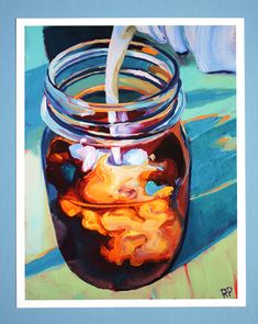 a painting of a glass jar filled with liquid