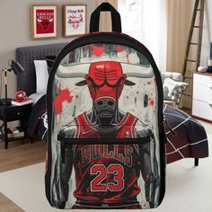 a backpack with a painting of a basketball player on the front and back panels, featuring bulls