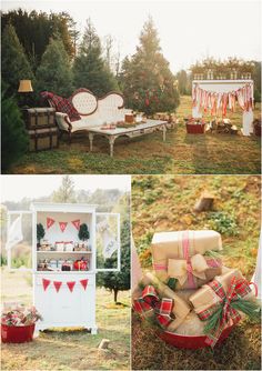 a collage of photos with presents in the grass and an old couch on the ground