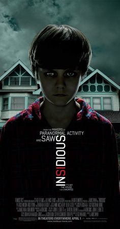 a poster for the movie insidis with a young boy in front of a house