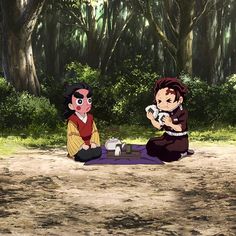 two cartoon characters sitting on the ground