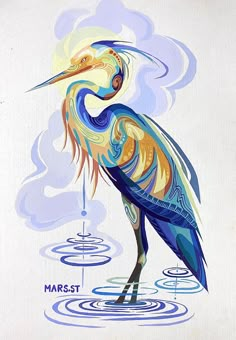 a painting of a bird standing in the water