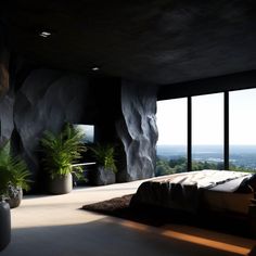 a bedroom with large windows overlooking the city