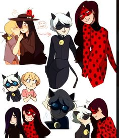 some cartoon characters are dressed up as ladybug and catwomans with black hair