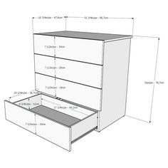 the measurements for an ikea dresser with drawers and shelves in white, black and grey