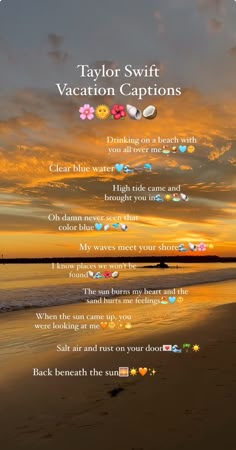 an image of a sunset with the words taylor swift vacation captions written in different languages