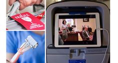 a person holding a toothbrush in front of a tv screen and an airplane ticket