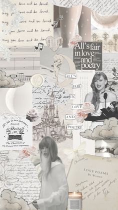 a collage with many different pictures and words on it's side, including an image of a woman