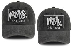 two gray hats with mr and mrs embroidered on the front, one in black and white