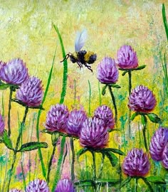 a painting of purple flowers and a bee