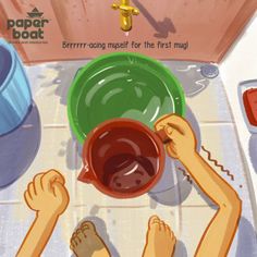 two children are washing their feet in the sink and one child is holding a bowl